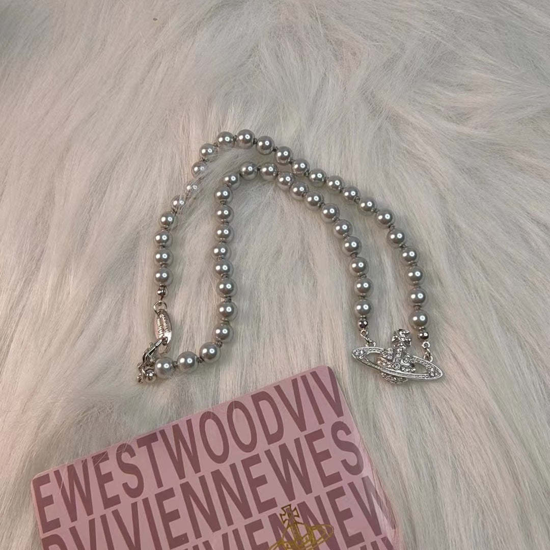 Buy replica Vivienne Westwood Saturn Pendant Grey Pearl Necklace and replica jewelry from PICKS Jewelry