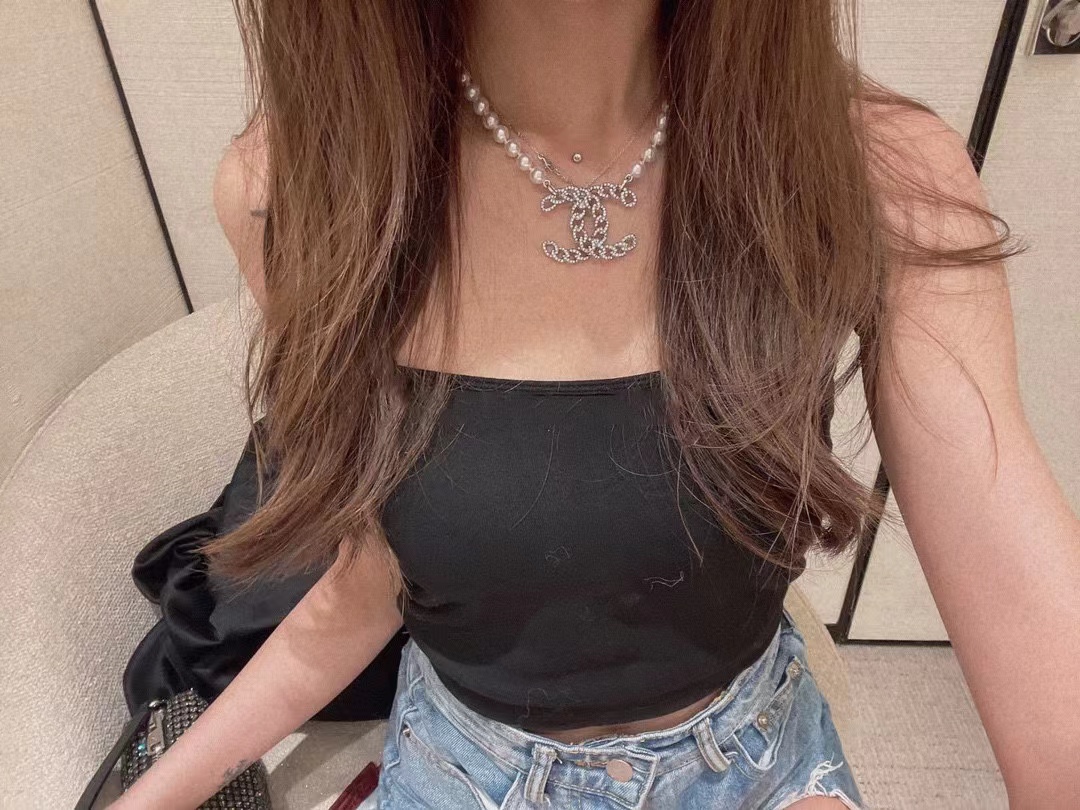 Buy replica Chanel Hollow Big Double C Pendant Pearl Necklace and replica jewelry from PICKS Jewelry