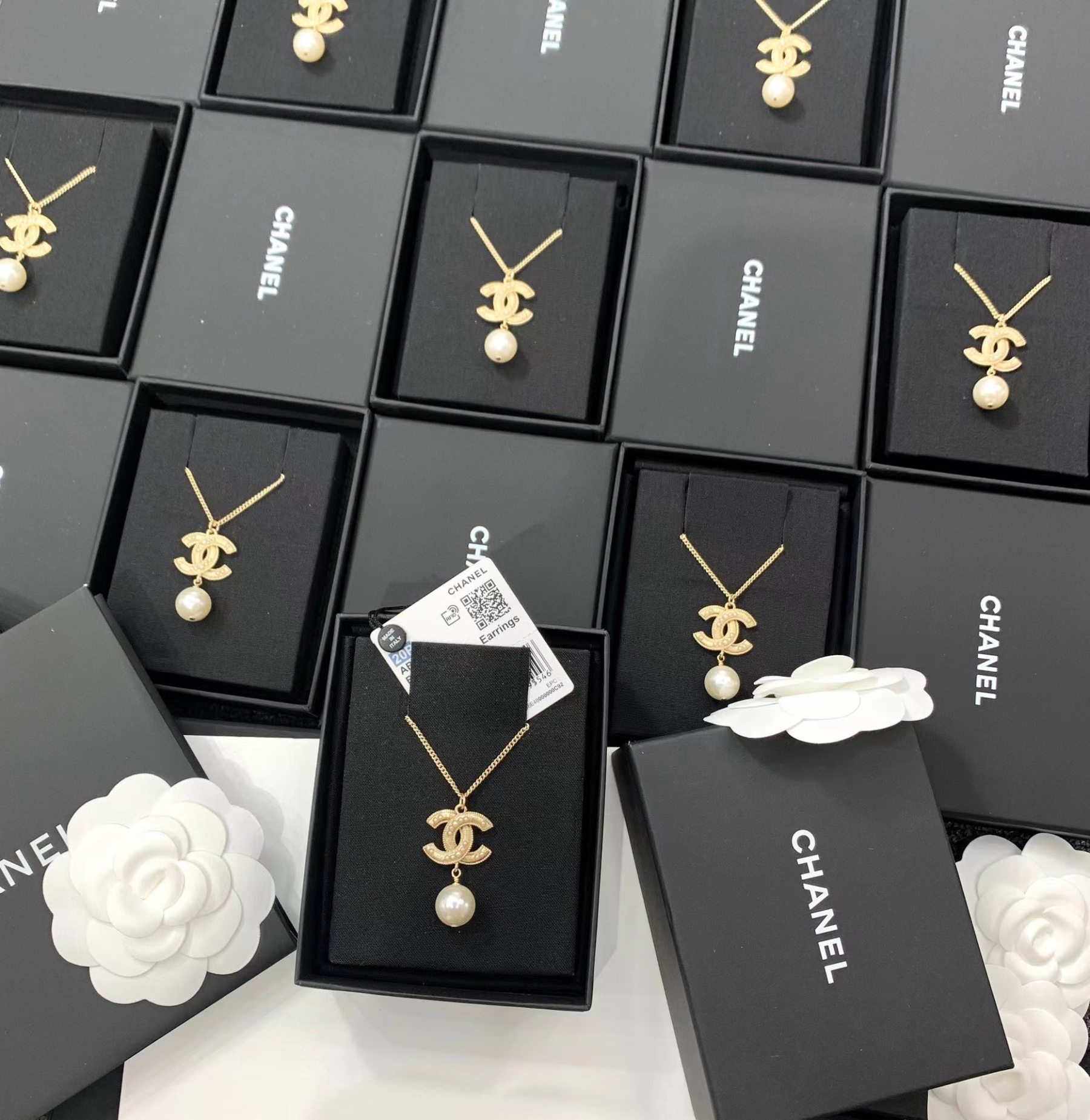 Buy replica Chanel Sweater Double C Pearl Dangle Necklace and replica jewelry from PICKS Jewelry
