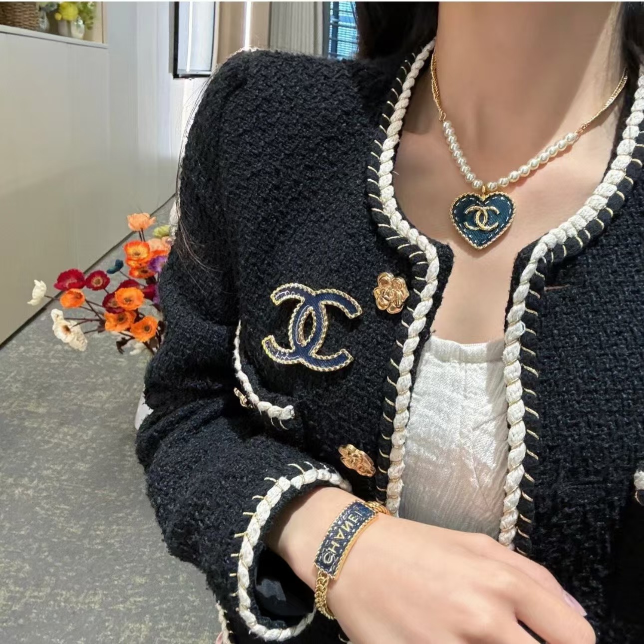 Buy replica Chanel Denim Heart Double C Pendant Pearl Necklace and replica jewelry from PICKS Jewelry