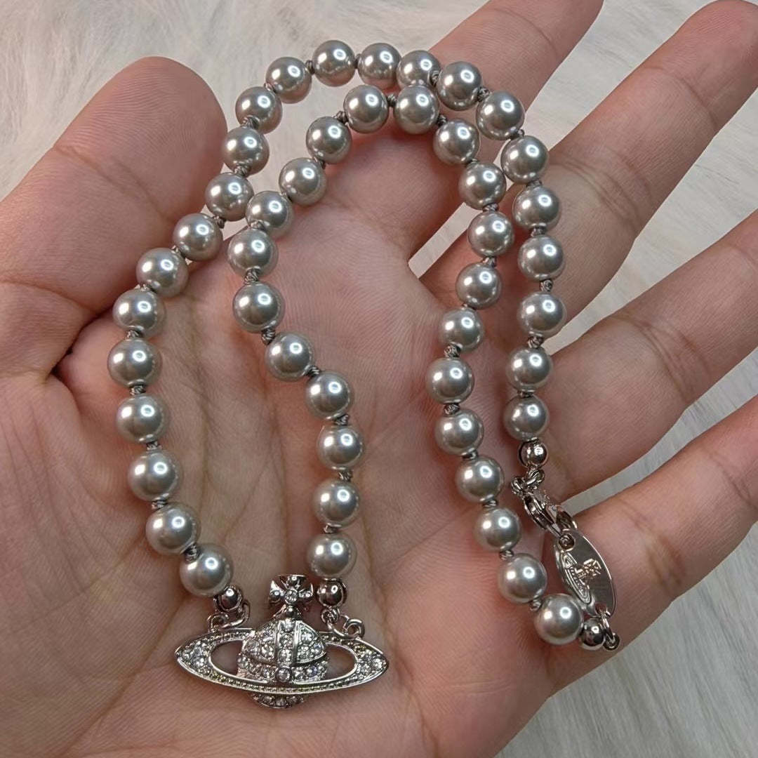 Buy replica Vivienne Westwood Saturn Pendant Grey Pearl Necklace and replica jewelry from PICKS Jewelry
