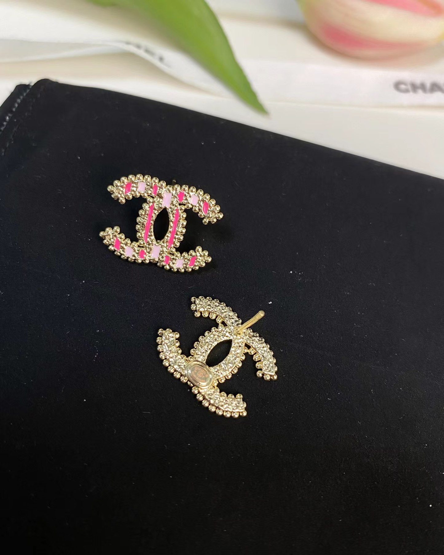 Buy replica Chanel Enamel Pink Double C Earrings and replica jewelry from PICKS Jewelry