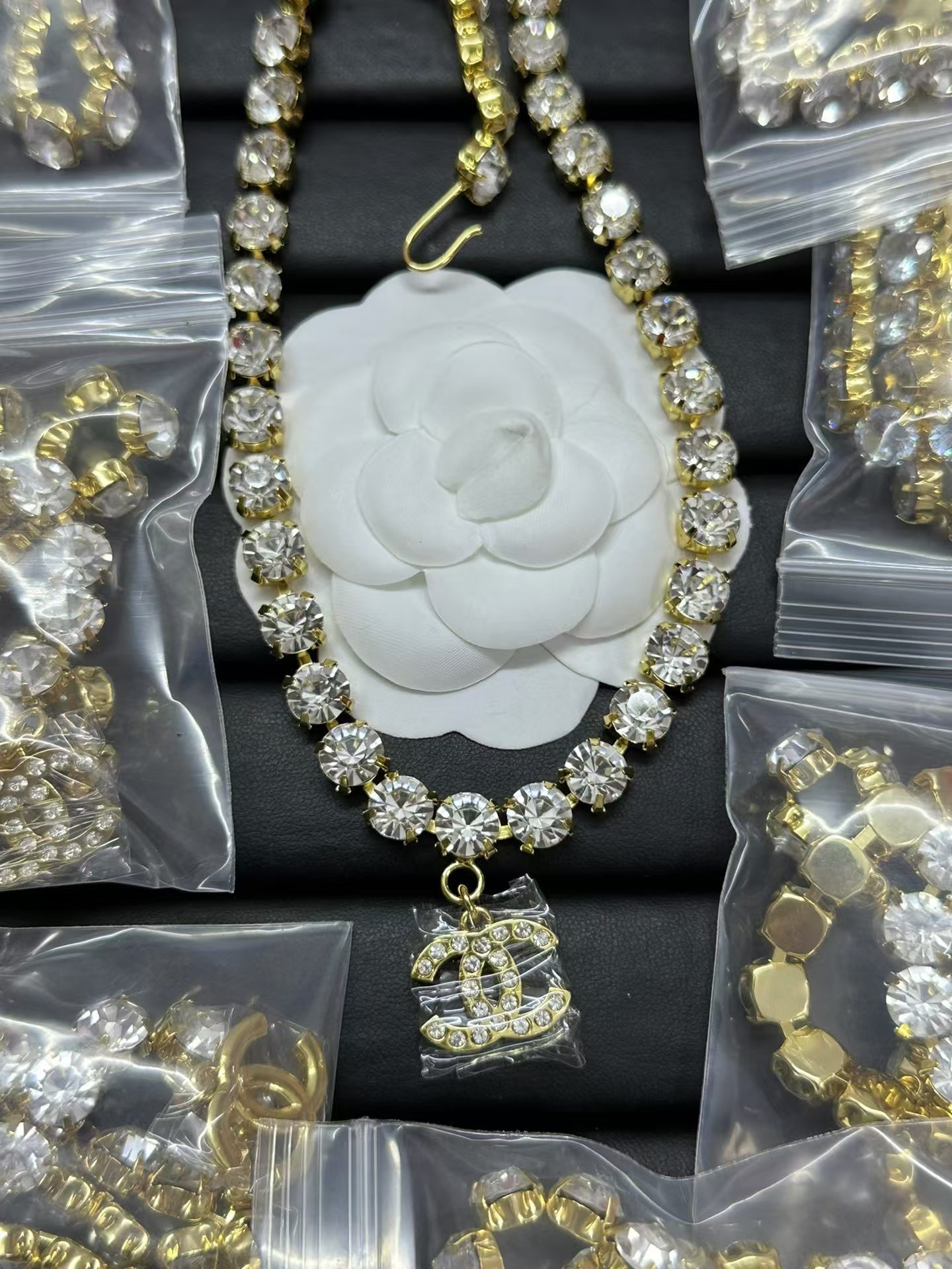 Buy replica Chanel Logo Pendant Rhinestone Strass Chain Necklace and replica jewelry from PICKS Jewelry