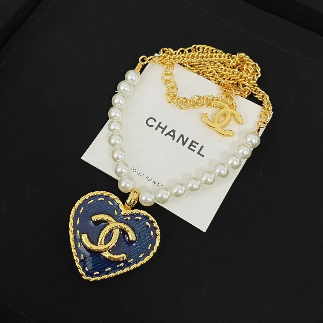 Buy replica Chanel Denim Heart Double C Pendant Pearl Necklace and replica jewelry from PICKS Jewelry