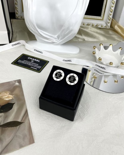 Buy replica Chanel Round White and Black Enamel Stud Earrings and replica jewelry from PICKS Jewelry