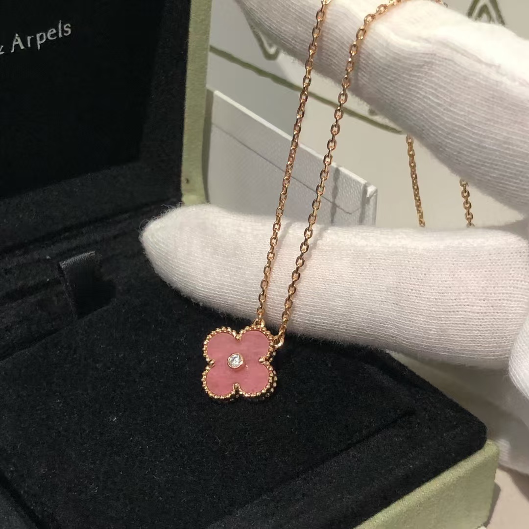 Buy replica Van Cleef & Arpels Rhodonite Vintage Alhambra Diamond 2021 Holiday Pendant Necklace and replica jewelry from PICKS Jewelry