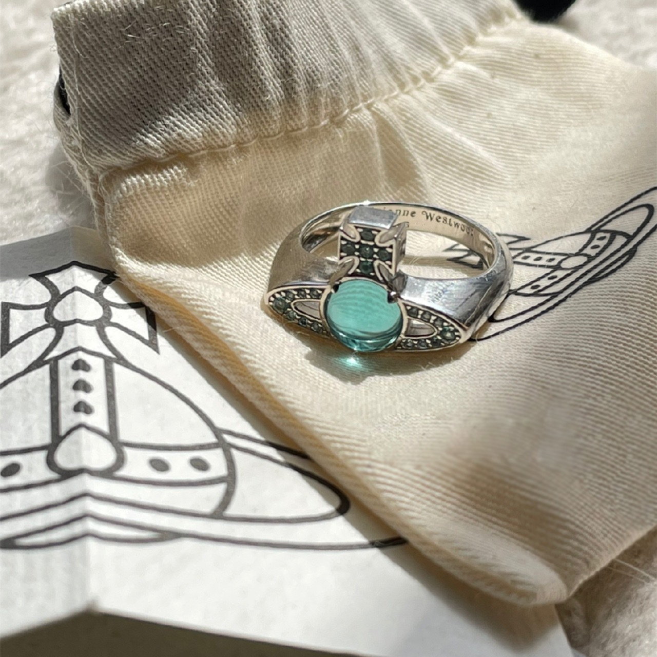 Buy replica Vivienne Westwood Lake Blue Lucky Bead Saturn Ring and replica jewelry from PICKS Jewelry