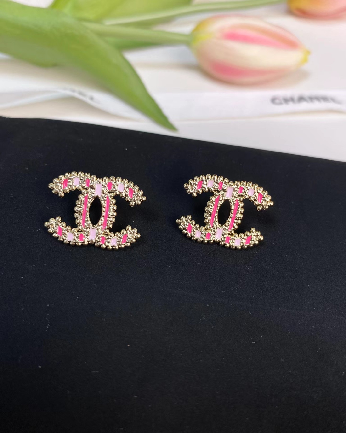 Buy replica Chanel Enamel Pink Double C Earrings and replica jewelry from PICKS Jewelry