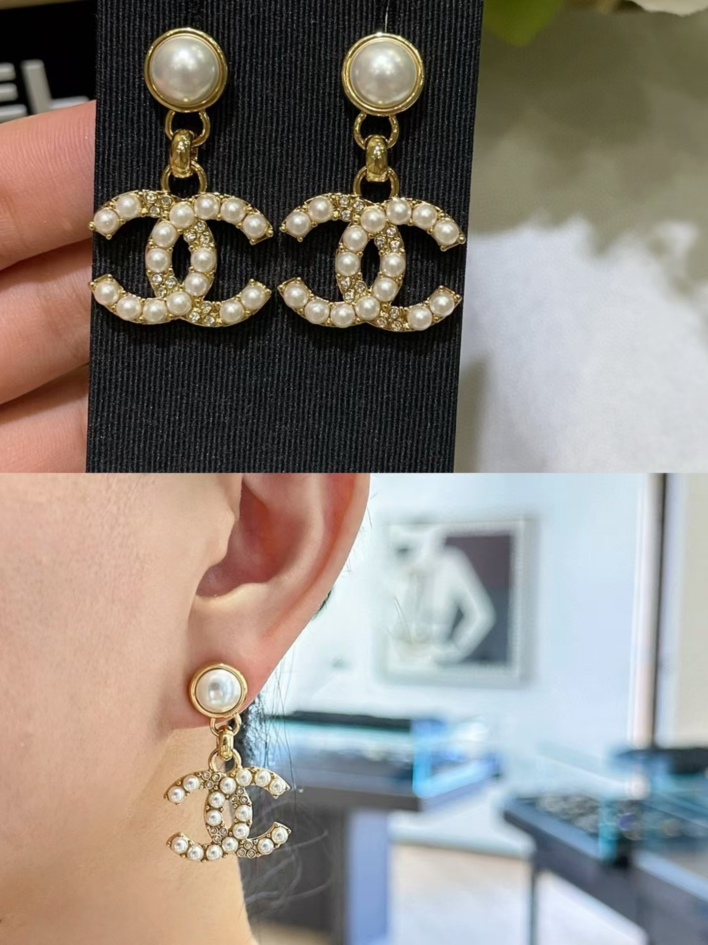 Buy replica Chanel Pearl Paved Double C Earrings and replica jewelry from PICKS Jewelry