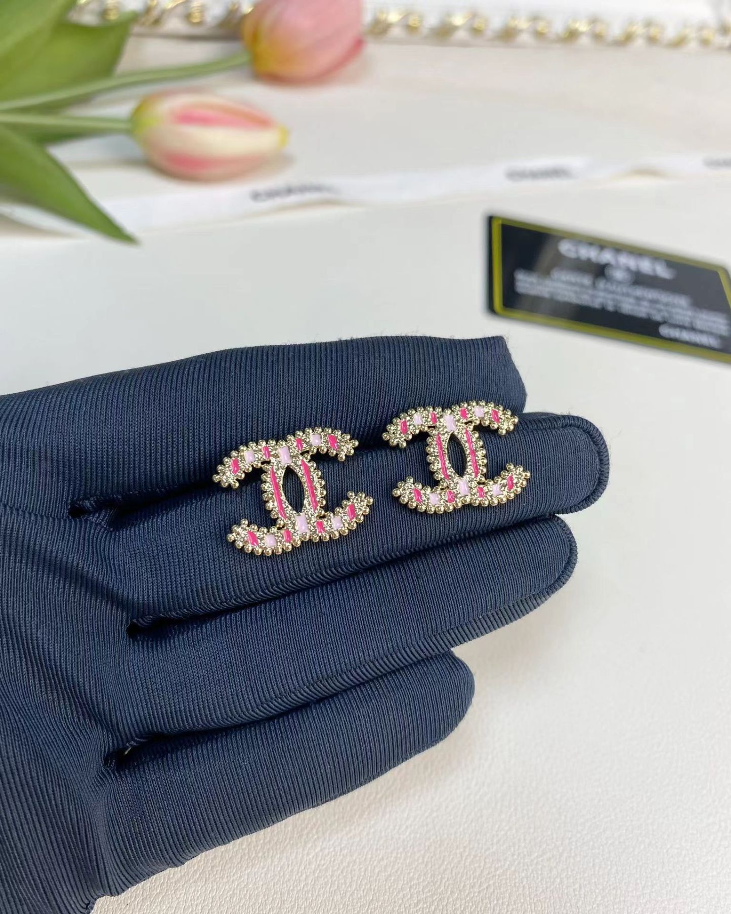 Buy replica Chanel Enamel Pink Double C Earrings and replica jewelry from PICKS Jewelry