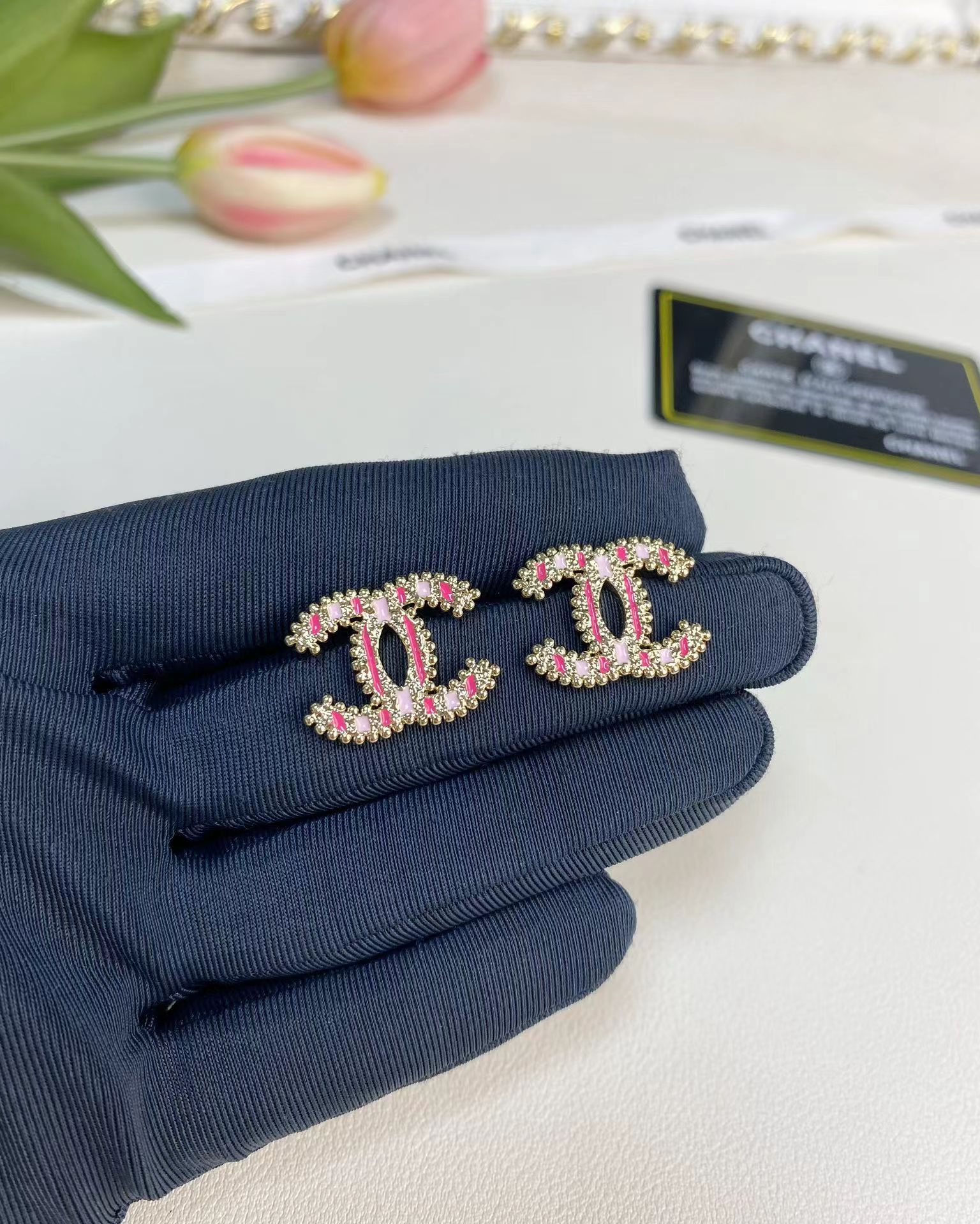 Buy replica Chanel Enamel Pink Double C Earrings and replica jewelry from PICKS Jewelry