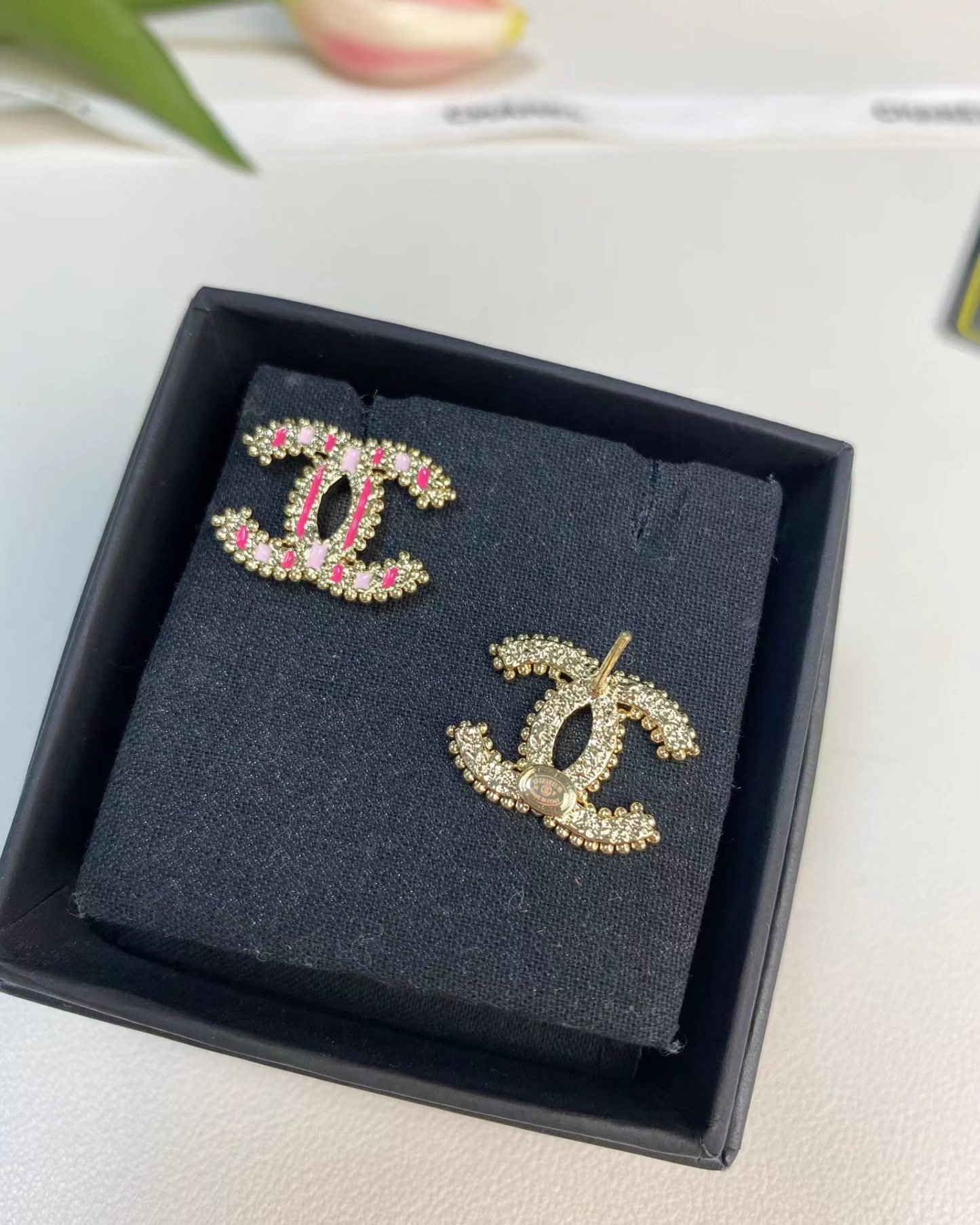 Buy replica Chanel Enamel Pink Double C Earrings and replica jewelry from PICKS Jewelry