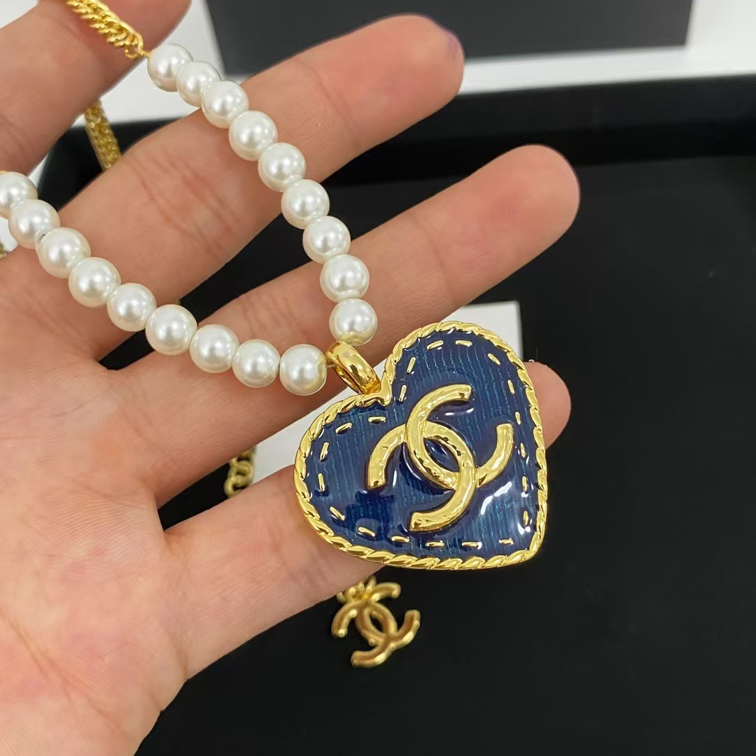 Buy replica Chanel Denim Heart Double C Pendant Pearl Necklace and replica jewelry from PICKS Jewelry