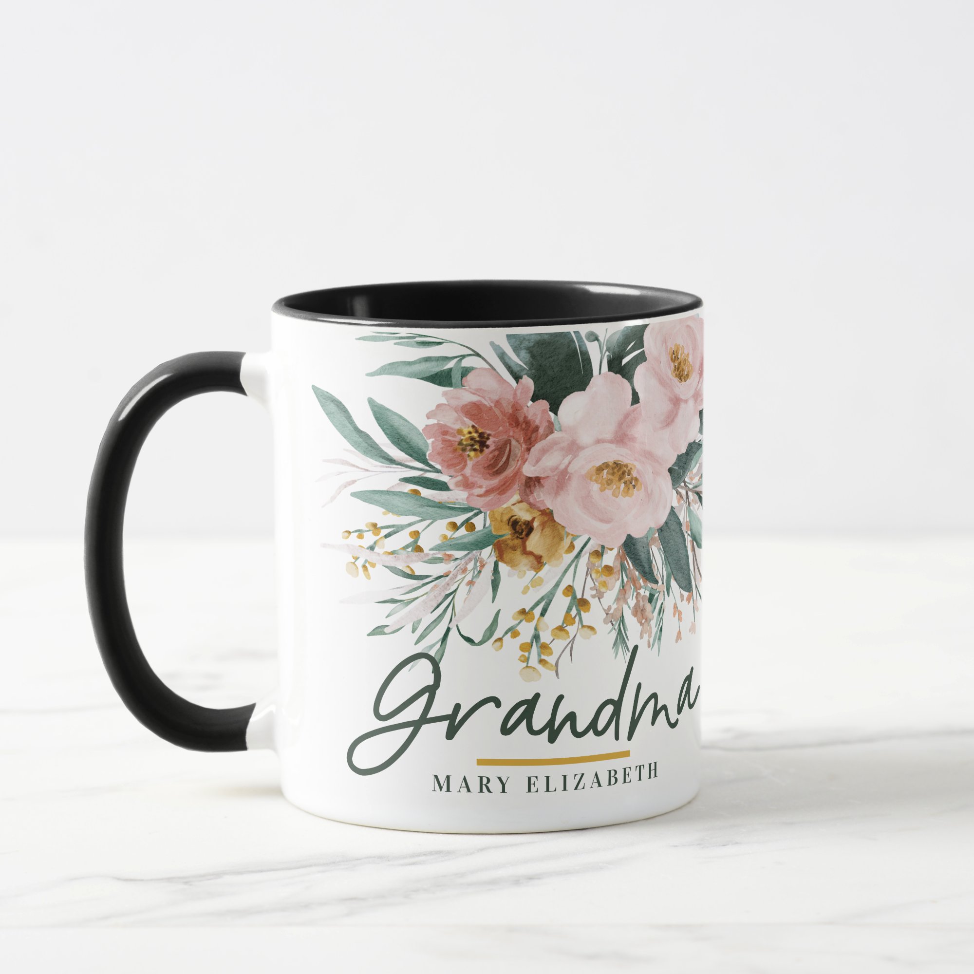 Watercolor Floral Script Grandma Photo Accent Mug - Modern Personalized Gift