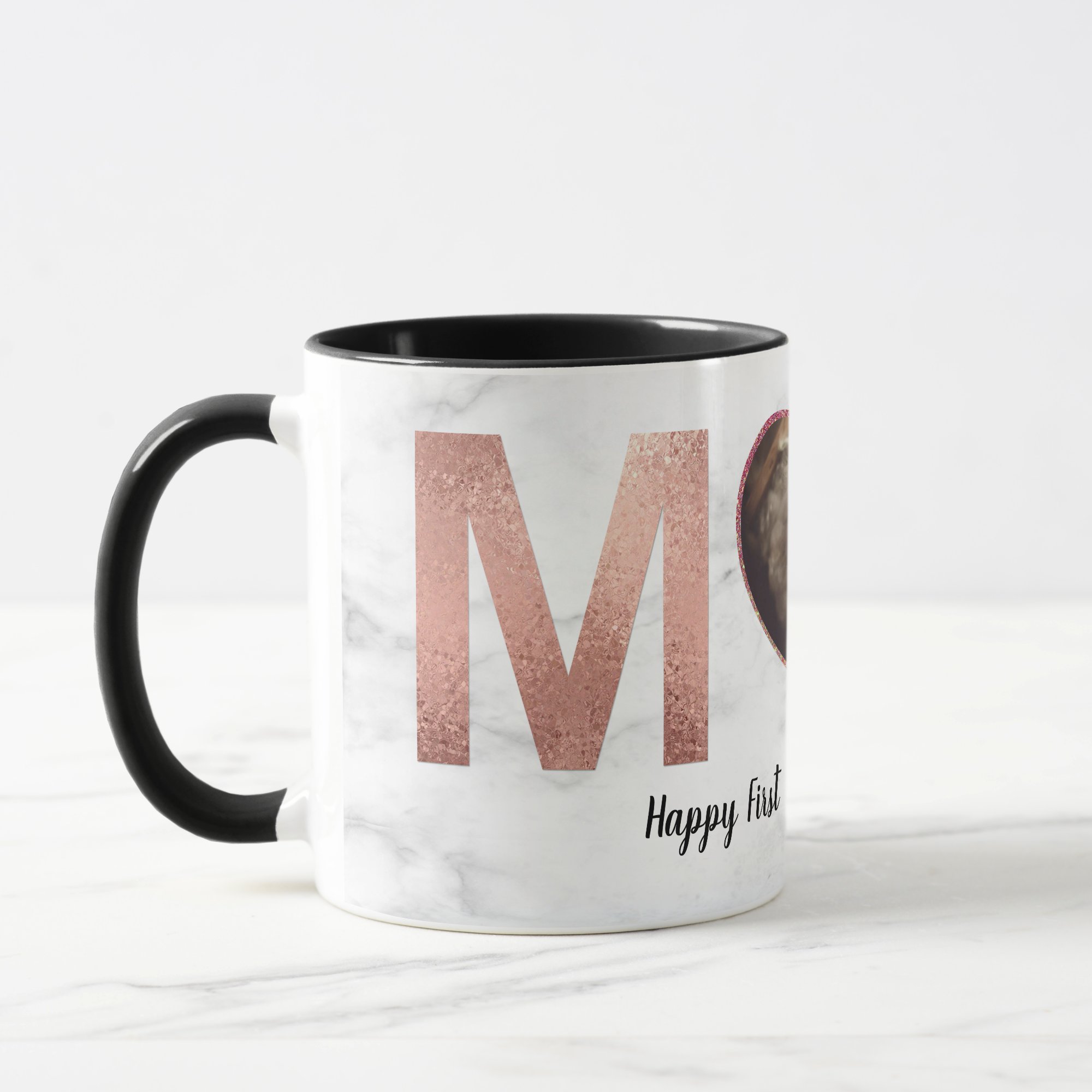 First Mother's Day Baby Photo Mug - Rose Gold Heart Accent Mug