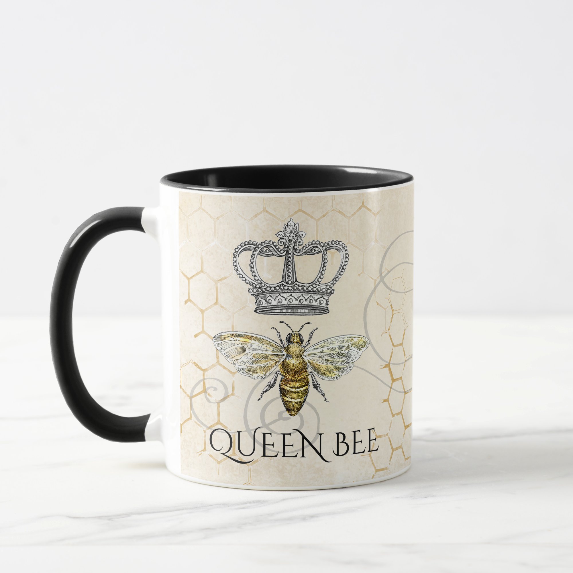 Vintage Queen Bee Accent Mug - Royal Crown Honeycomb Two-Tone Coffee Mug
