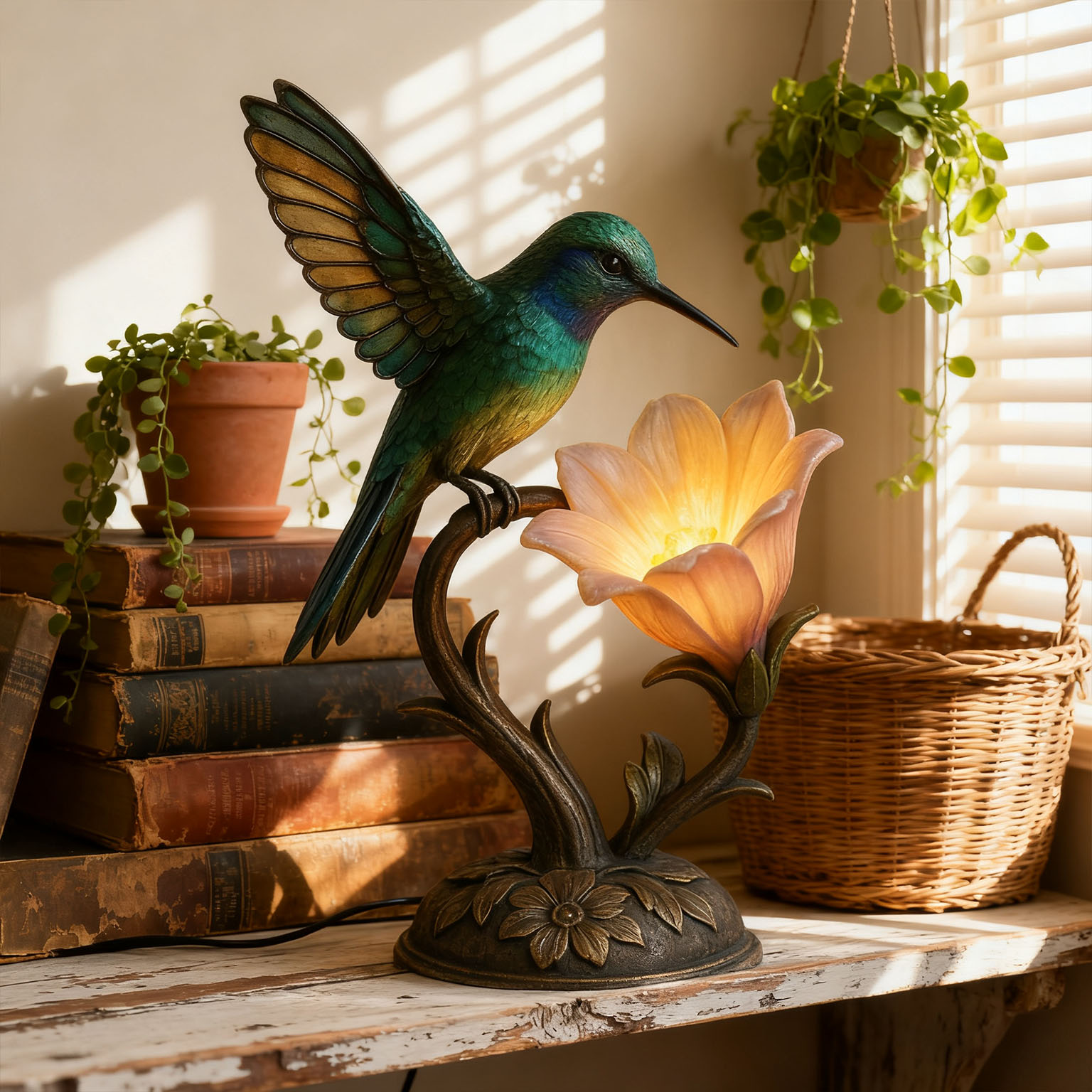 “Messenger of Light” – 💚Handcrafted Hummingbird Flower Lamp✨(𝐋𝐮𝐜𝐚