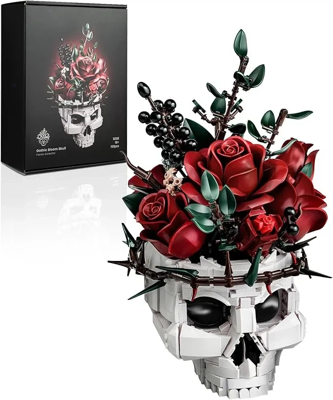 Gothic Skull Red Rose Bouquet Building Block Set