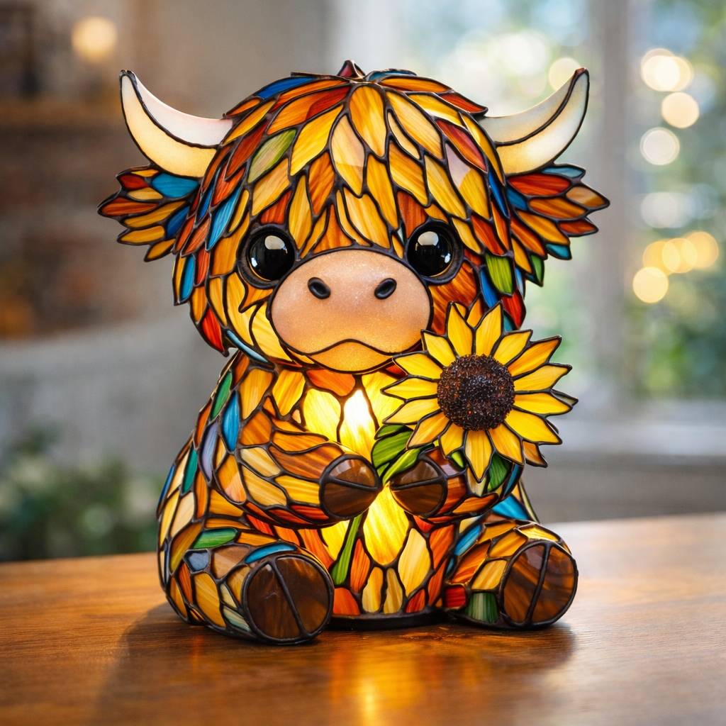 🌻Handcrafted Sunflower Highland Cow Lamp – A Warm Hug in Stained Glass🐮✨(𝐋𝐮𝐜𝐚𝐬 𝐇𝐚𝐥𝐞 𝐇𝐚𝐧𝐝𝐦𝐚𝐝𝐞®)
