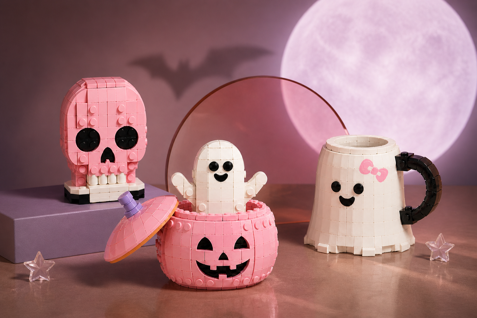 The original PINK BOO! trio: pumpkin, skull and ghost mug