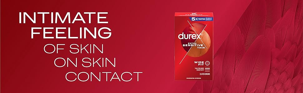 A red advertisement features a box of Durex Extra Sensitive Wide Fit condoms, emphasizing the 'Wide Fit' aspect. The text assures an intimate feeling akin to skin-on-skin contact. Red abstract patterns in the background enhance the focus on these ultra-sensitive wide fit condoms.