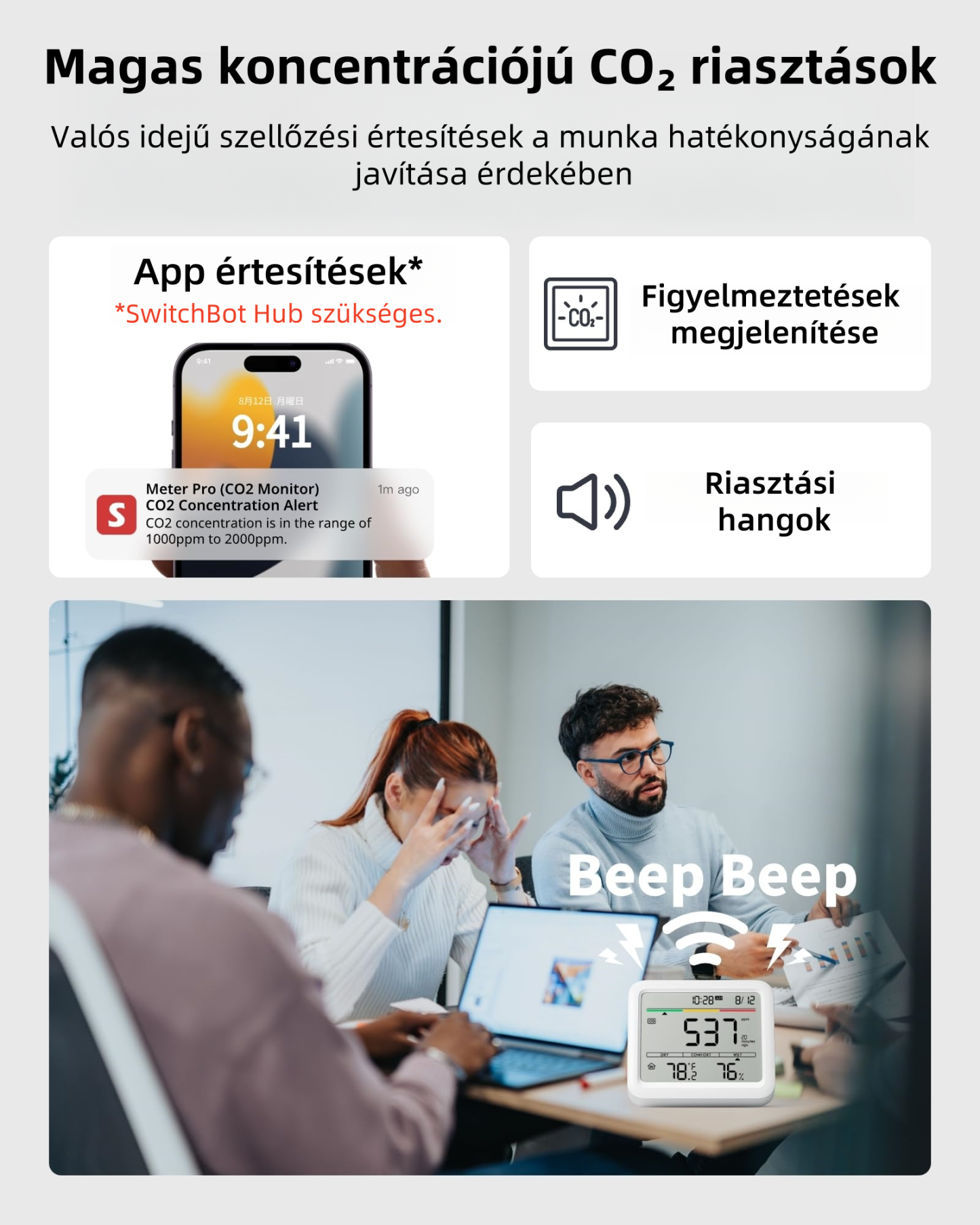 5 az 1-ben intelligens CO₂ levegőminőség-figyelő nagy kijelzővel, nagy pontosságú szenzorral és többféle riasztási rendszerrel – Bluetooth, hordozható és újratölthető-Instabar