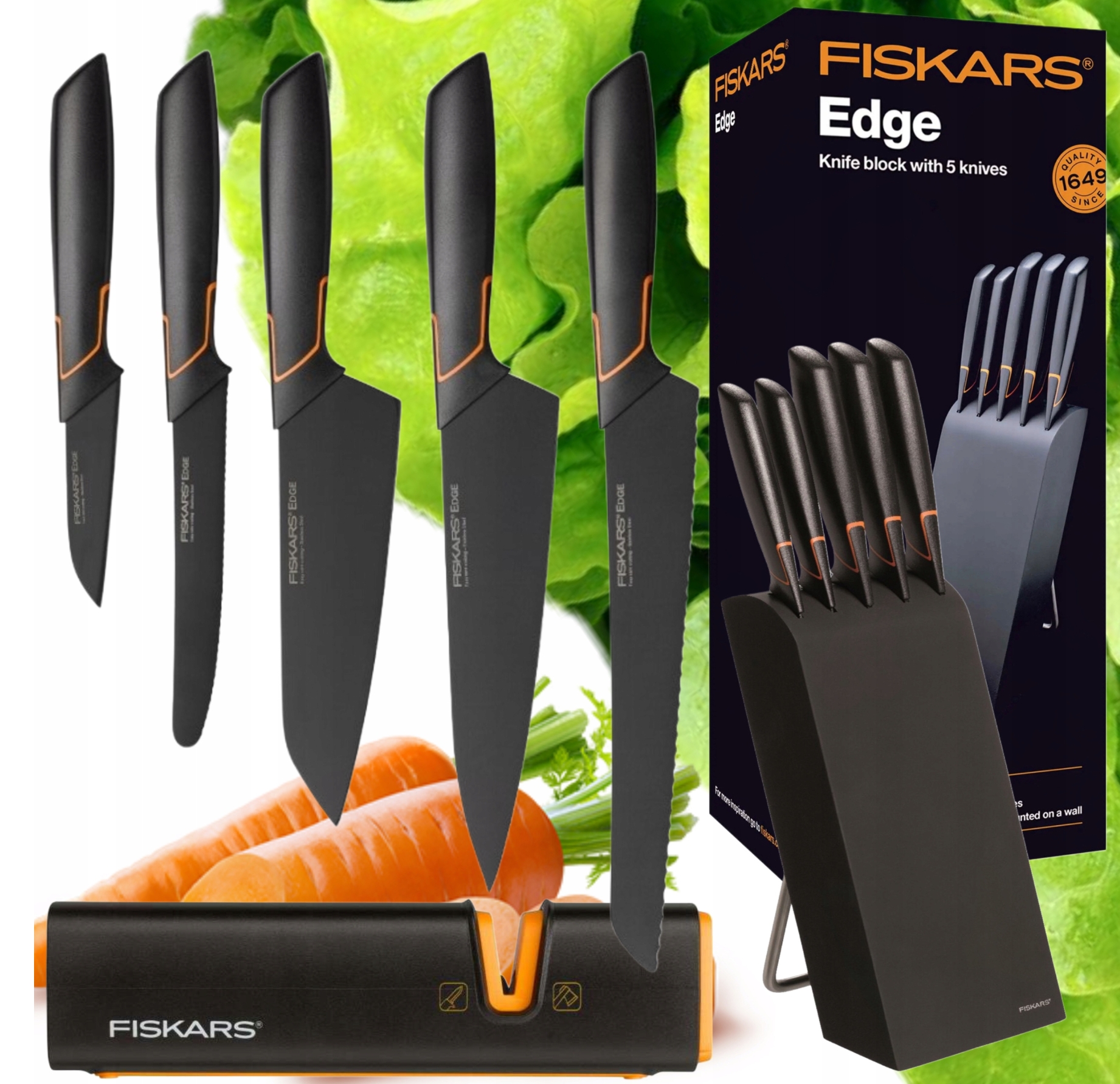 5 DB-OS KÉSKÉSZLET FISKARS EDGE BLOKKBAN, ÉLES KONYHAKÉS + ÉLEZŐ SZETT