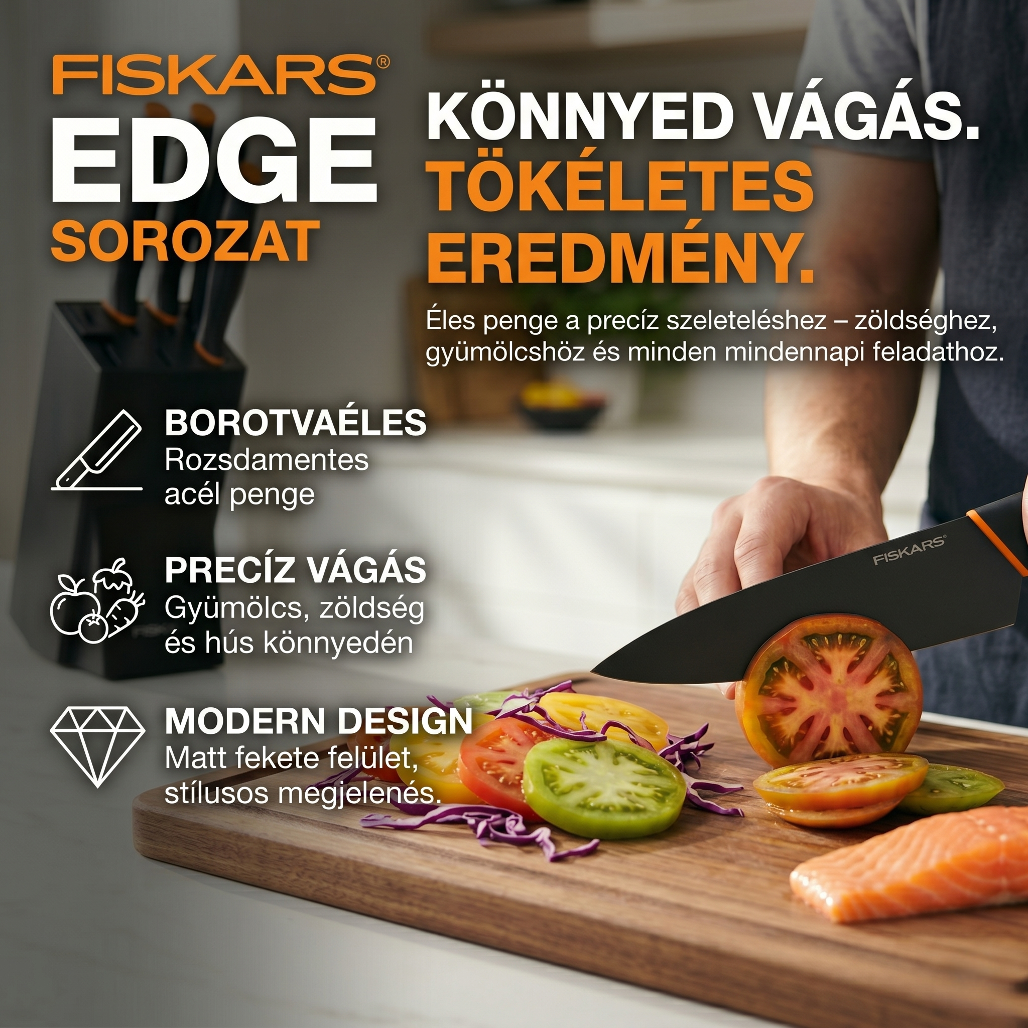 limitált kiadású EDGE sorozat: konyhakések,5 darabos készlet, Ajándék: késblokk + késélező