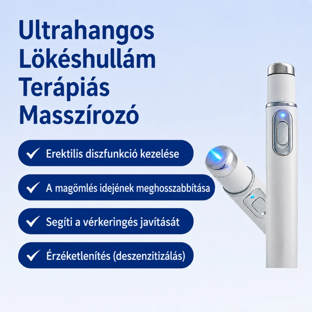Ultrahangos lökéshullám-terápiás masszírozó — Segít támogatni a vérkeringést. Enyhíti a mélyen jelentkező kellemetlen érzéseket. Támogatja a férfi önbizalom helyreállítását.