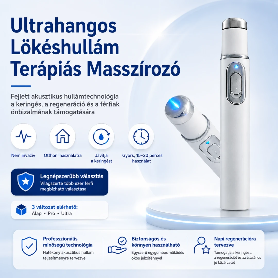 Ultrahangos lökéshullám-terápiás masszírozó — Segít támogatni a vérkeringést. Enyhíti a mélyen jelentkező kellemetlen érzéseket. Támogatja a férfi önbizalom helyreállítását.