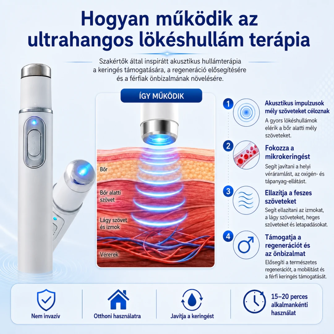 Ultrahangos lökéshullám-terápiás masszírozó — Segít támogatni a vérkeringést. Enyhíti a mélyen jelentkező kellemetlen érzéseket. Támogatja a férfi önbizalom helyreállítását.