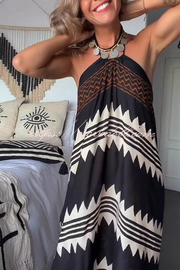 Hey Vacay Ethnic Print Halter A-line Maxi Dress