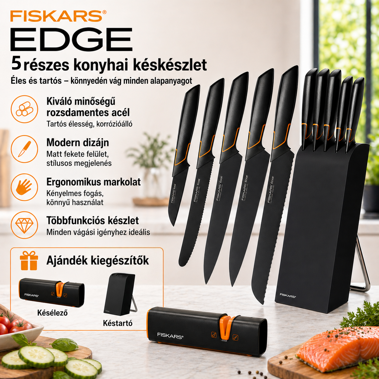 limitált kiadású EDGE sorozat: konyhakések,5 darabos készlet, Ajándék: késblokk + késélező