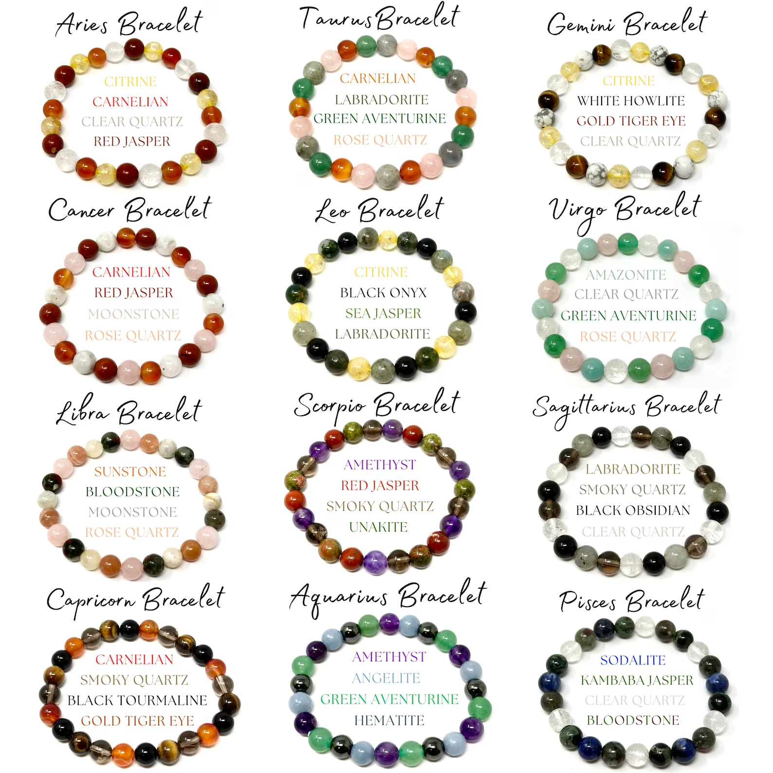 12 Zodiac Crystal Bracelets