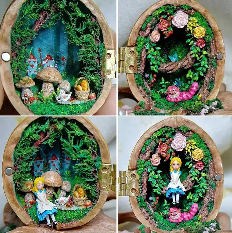 Handmade🏠Walnut Shell Doll House -- Mini Library, Tiny World Inside Walnuts