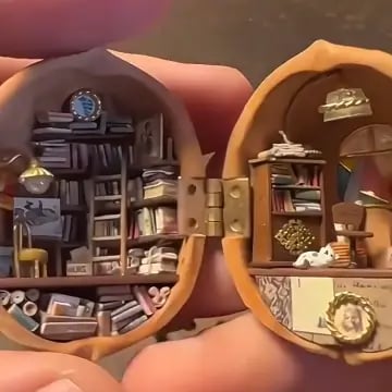Handmade🏠Walnut Shell Doll House -- Mini Library, Tiny World Inside Walnuts