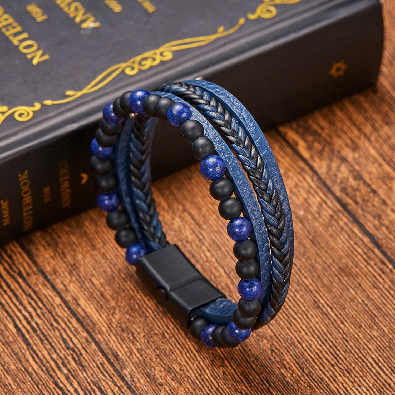 Natural Stone Obsidian Magnetic Buckle Men's Leather Bracelet