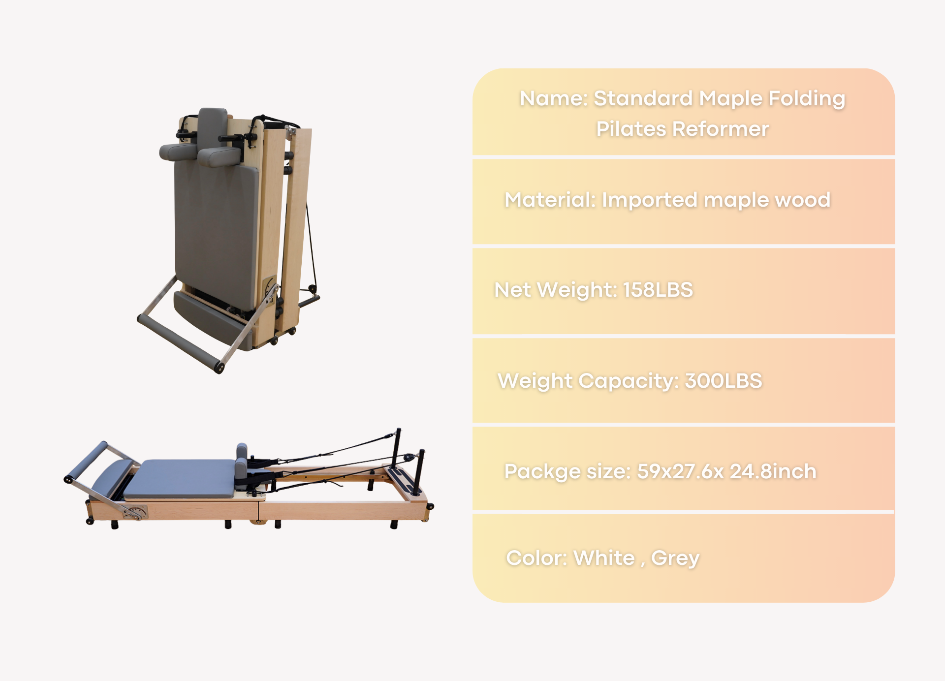 size of standard maple folding pilates reformer