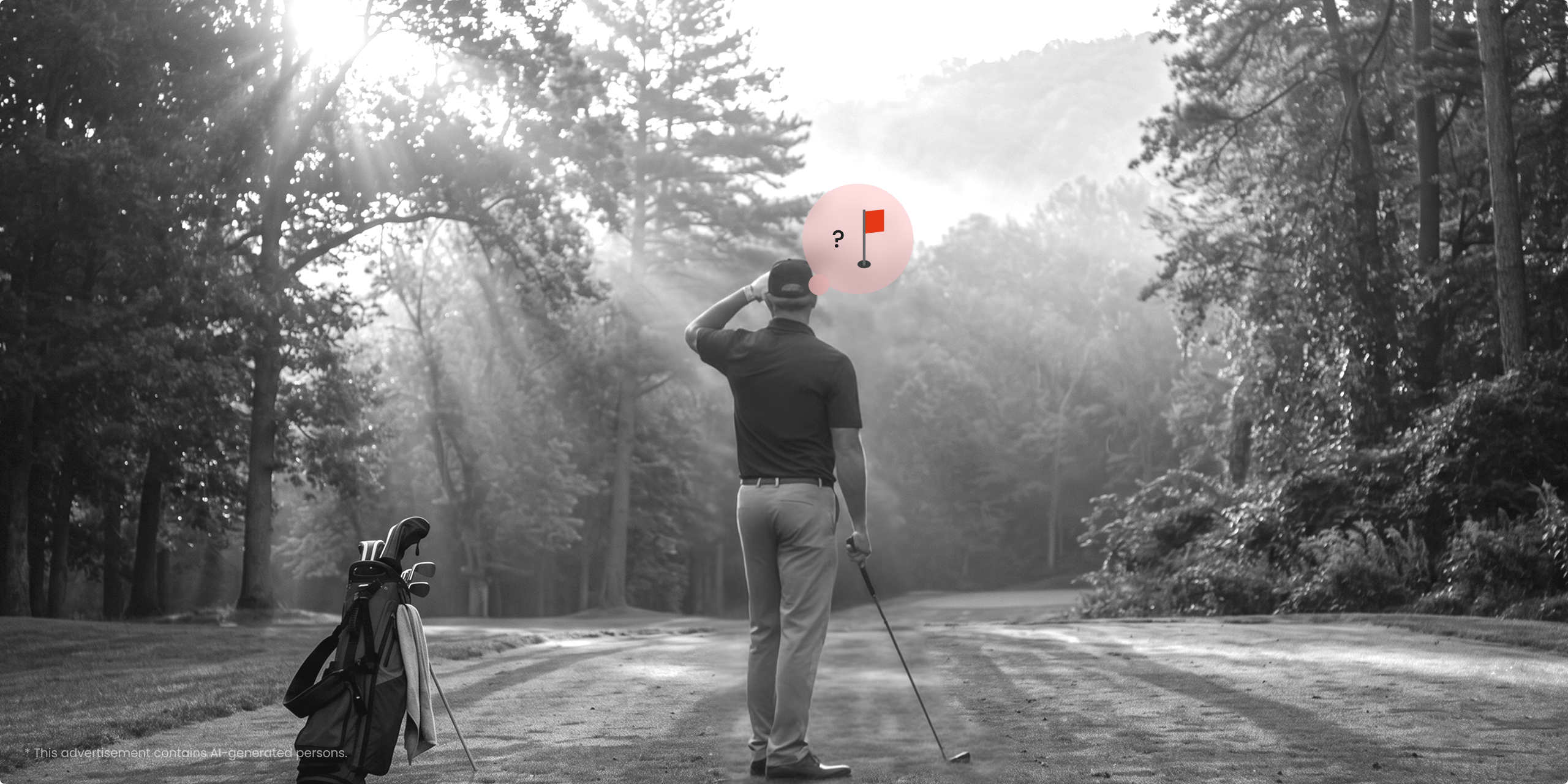 Golfer walking on golf path and puzzling over yardage to the hole flag