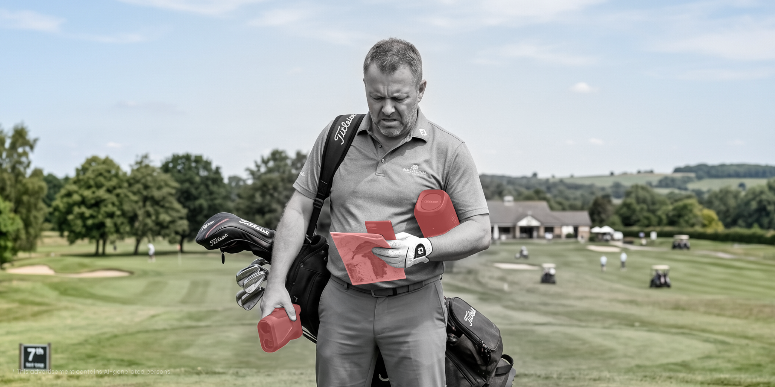 A man holding lots of golf gears for ranging the distance in golf course