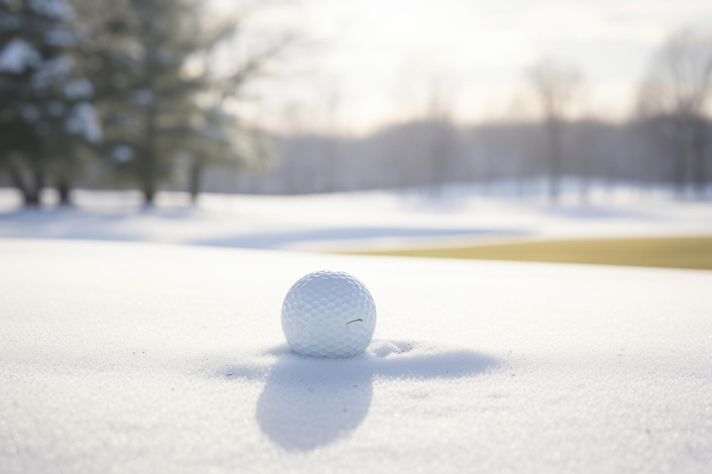 Golf ball resting on snow-covered ground with a winter course in the background