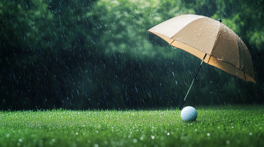 Golf ball under umbrella in rainstorm rainy weather green grass sports