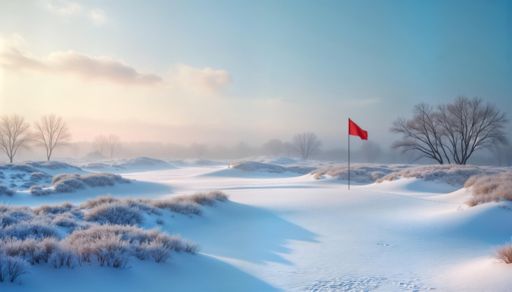 Scenic winter golf course covered in snow red flag waves gently in the frosty air bare trees