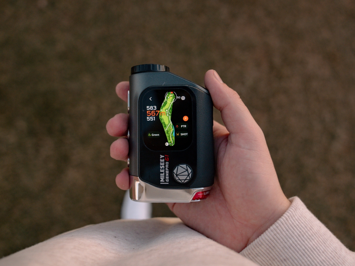 Mileseey GenePro G1 touchscreen and GPS hybrid golf rangefinder showing flag-lock and distance measurement interface.