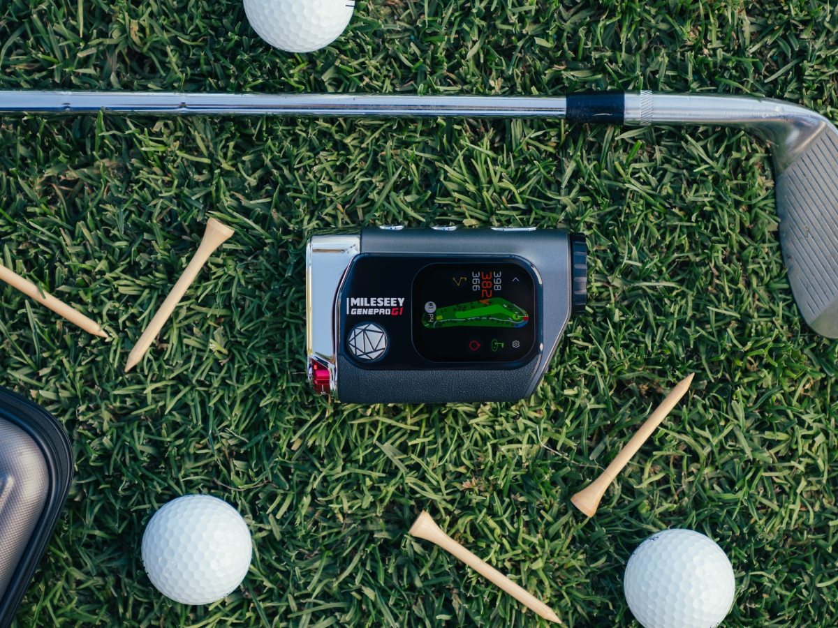 Golfer using the Mileseey GenePro G1 rangefinder on the course, demonstrating SmartSlope and real-world distance accuracy.