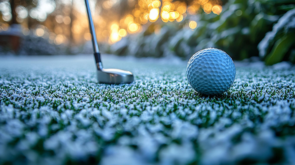 Snowcovered golf course at sunrise with a golfer preparing to putt on frosty grass
