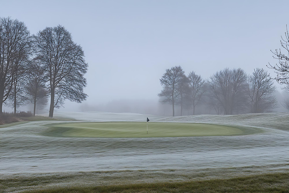 Frosted golf course in foggy morning