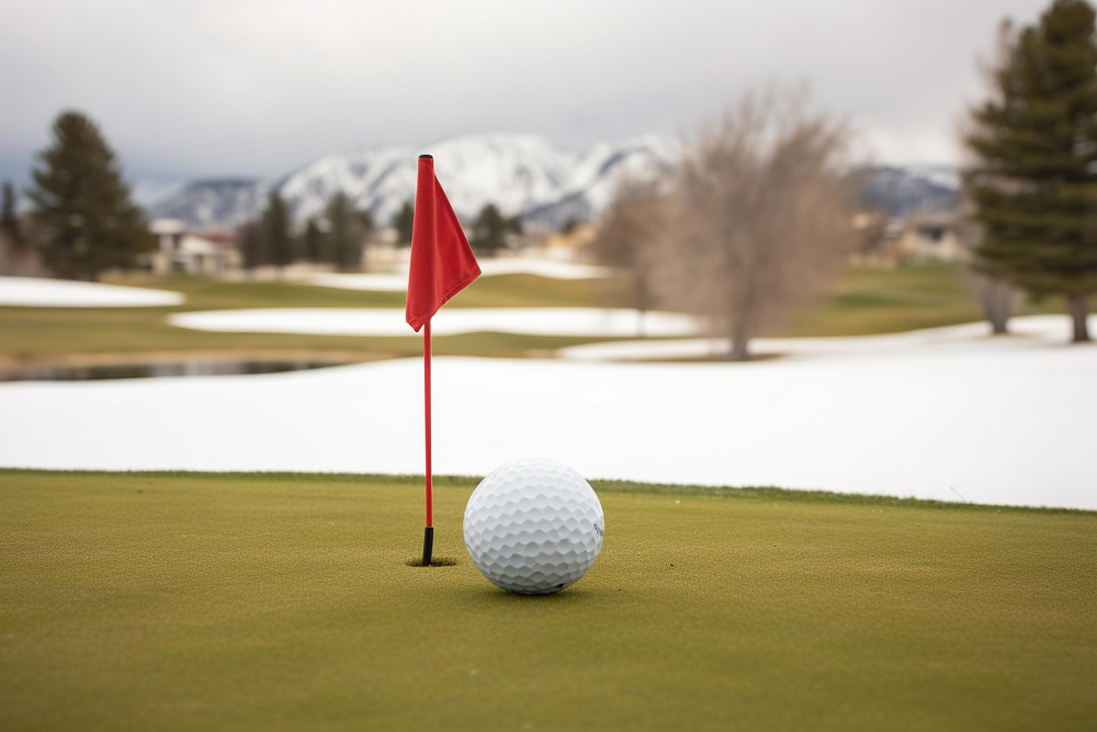 Golf ball on a snowy day contrasting colors and seasons