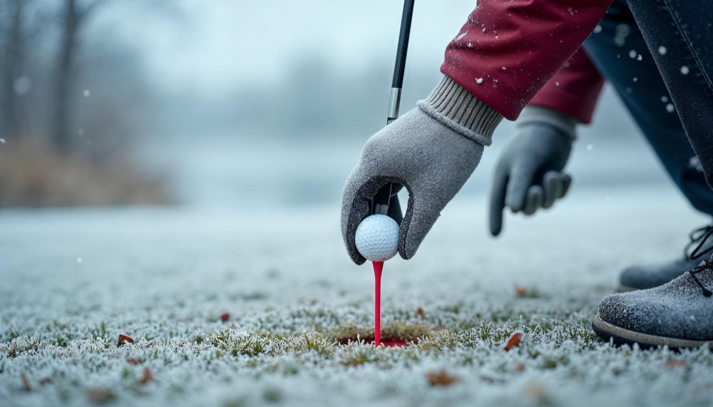 Placing a golf ball on a tee in frosty grass