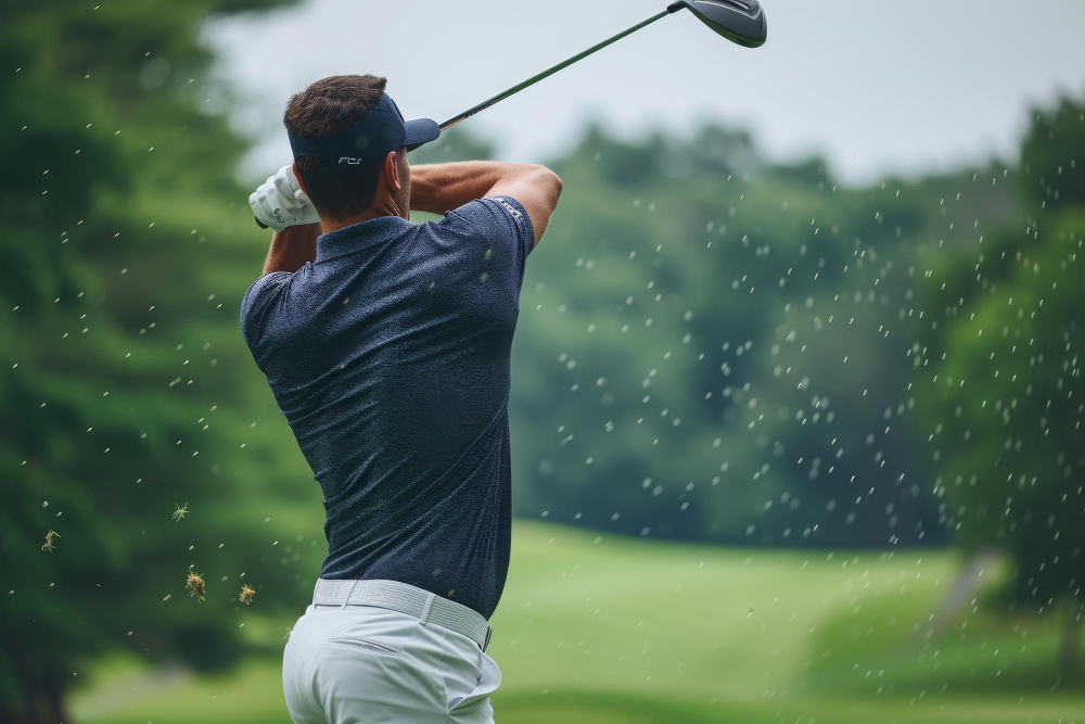 Golfer mid-swing in the rain on the course